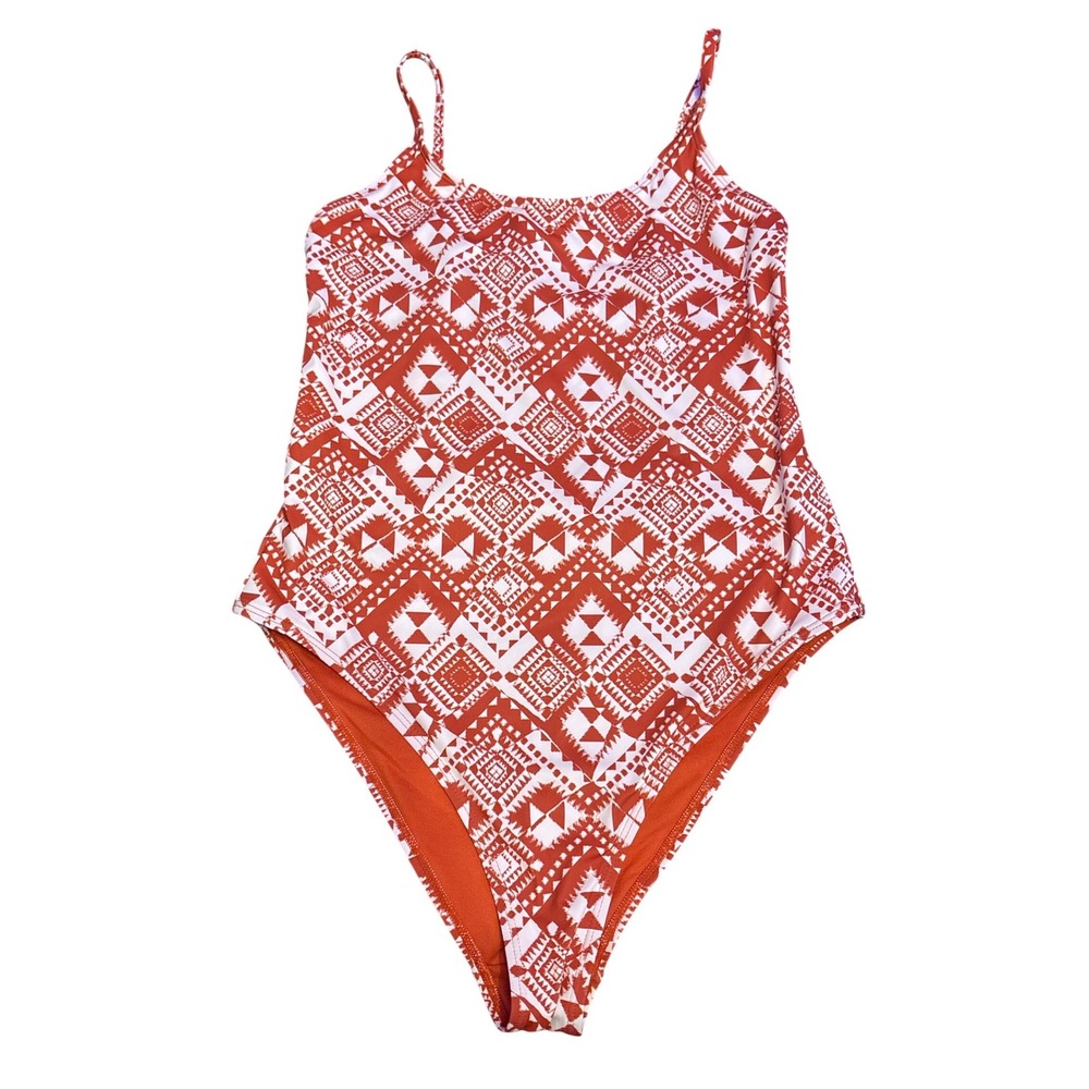 Aztec Geometric Print One Piece Swimsuit Rust White High Cut Medium